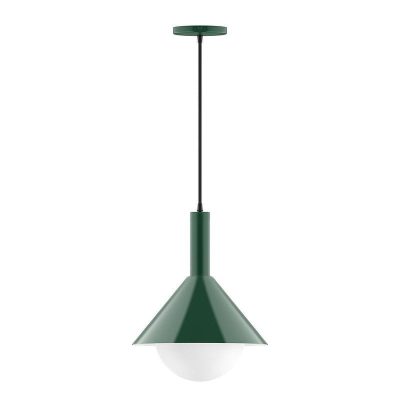 Forest green pendant lamp with glass globe and cone shade