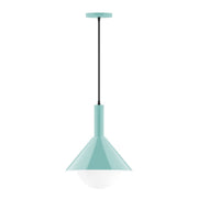 Sea green glass globe pendant light with black cord and tapered top shade