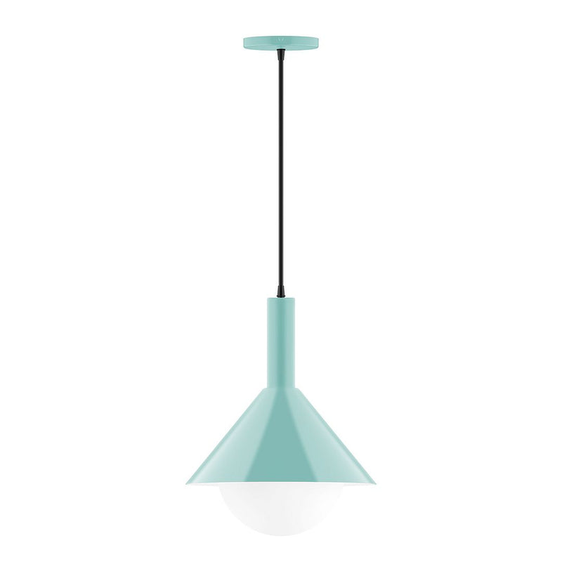 Sea green glass globe pendant light with black cord and tapered top shade