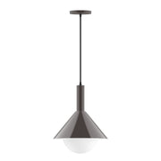 Architectural bronze pendant light with frosted glass globe and inverted metal shade