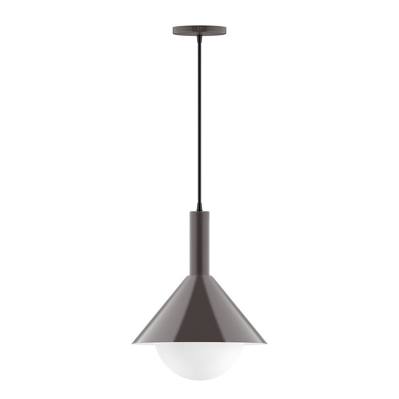 Architectural bronze pendant light with frosted glass globe and inverted metal shade