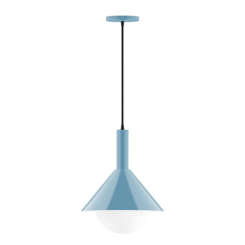 Frosted light blue glass globe pendant light with tapered shade and straight cord