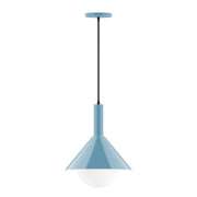 Light blue pendant light with frosted glass globe and slim hanging cord