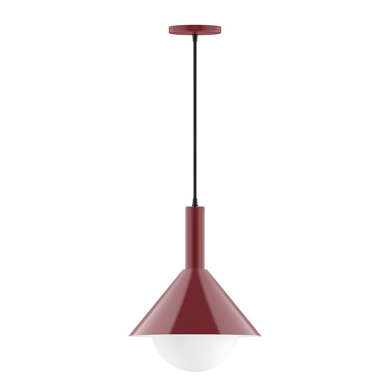 Barn red pendant light with frosted glass globe shade and black cord