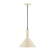 Cream pendant light with black cord and tapered dome shade, 12-inch.