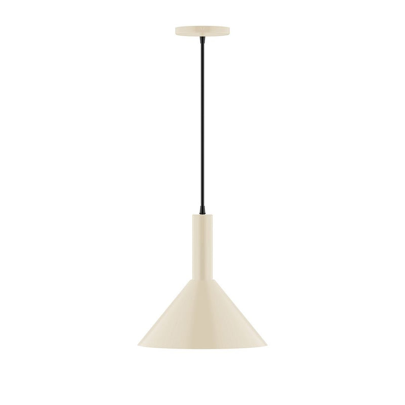 Cream pendant light with black cord and tapered dome shade, 12-inch.