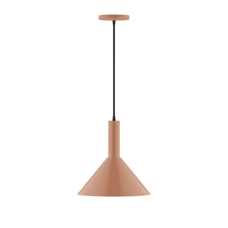 Terracotta cone pendant light with black cord and circular top