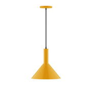 Bright yellow pendant light with bell shade and black cord