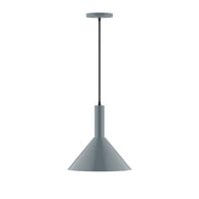 Slate gray conical pendant shade with dark cord and round ceiling canopy