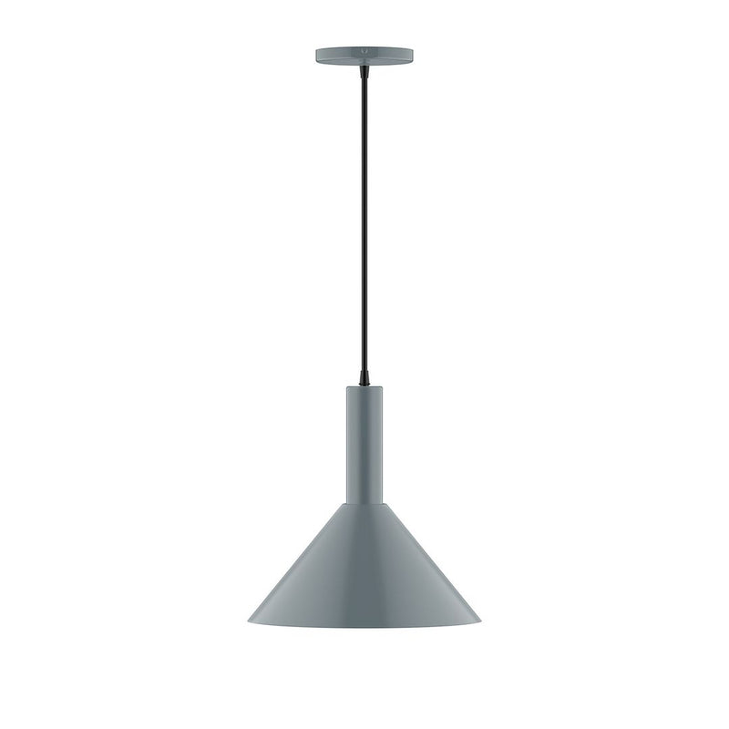 Slate gray conical pendant shade with dark cord and round ceiling canopy