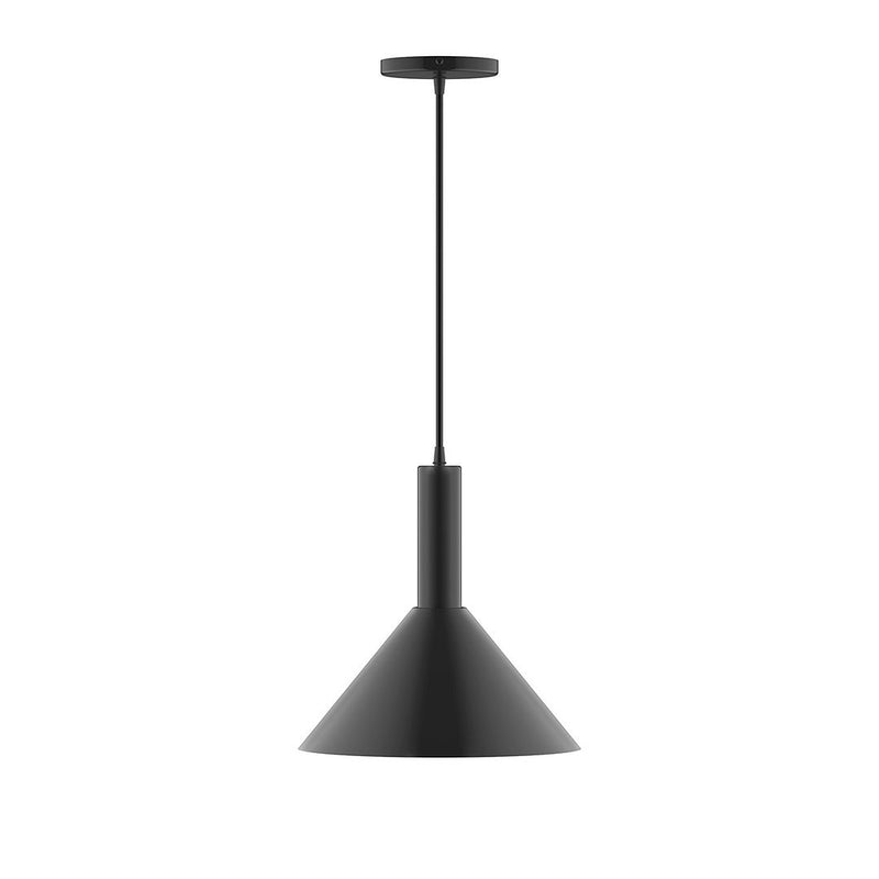 Black pendant light with conical shade and hanging cord