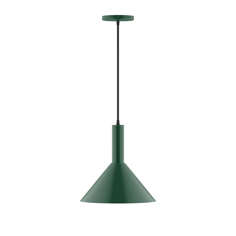 Forest green 12-inch pendant lamp with conical shade and black hanging rod