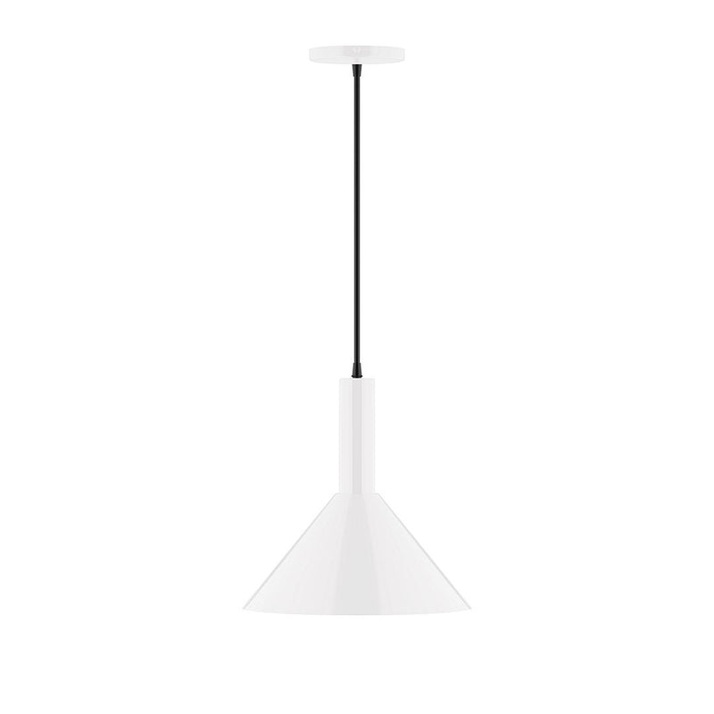 White cone pendant shade with black cord and round ceiling canopy
