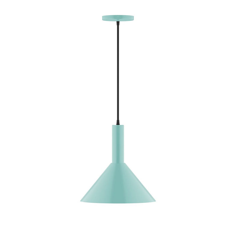 Sea green LED pendant with bell-shaped shade and black hanging cord.