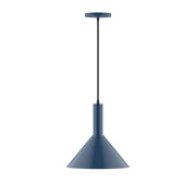 Navy 12-inch LED pendant light with conical shade and hanging cord