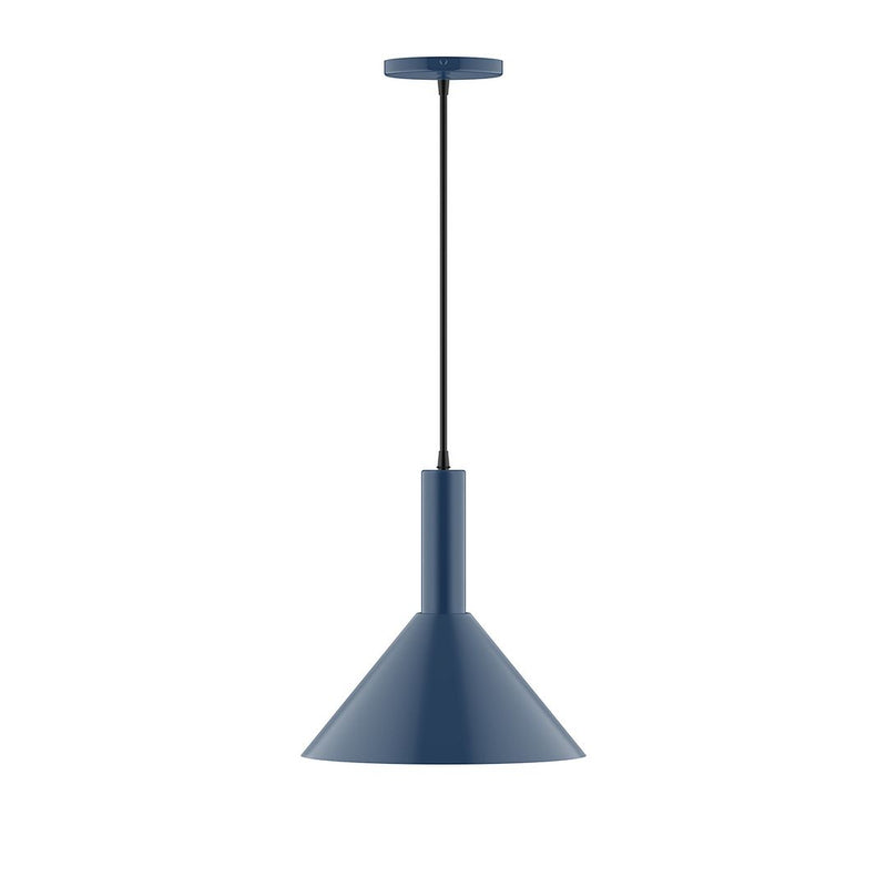 Navy bell pendant light with slim stem and round canopy