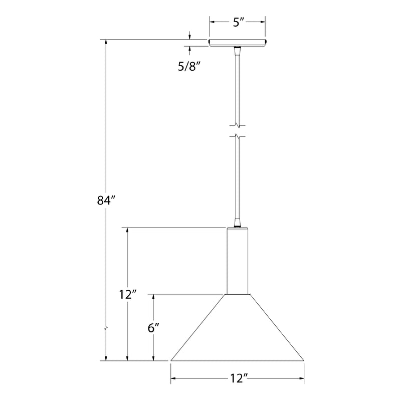 LED pendant light diagram: 12 in shade, 84 in overall drop, 5 in canopy