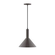 Architectural bronze pendant light with bell-shaped metal shade and hanging cord