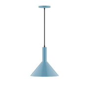 Light blue 12-inch pendant with conical shade and black cord, ceiling canopy
