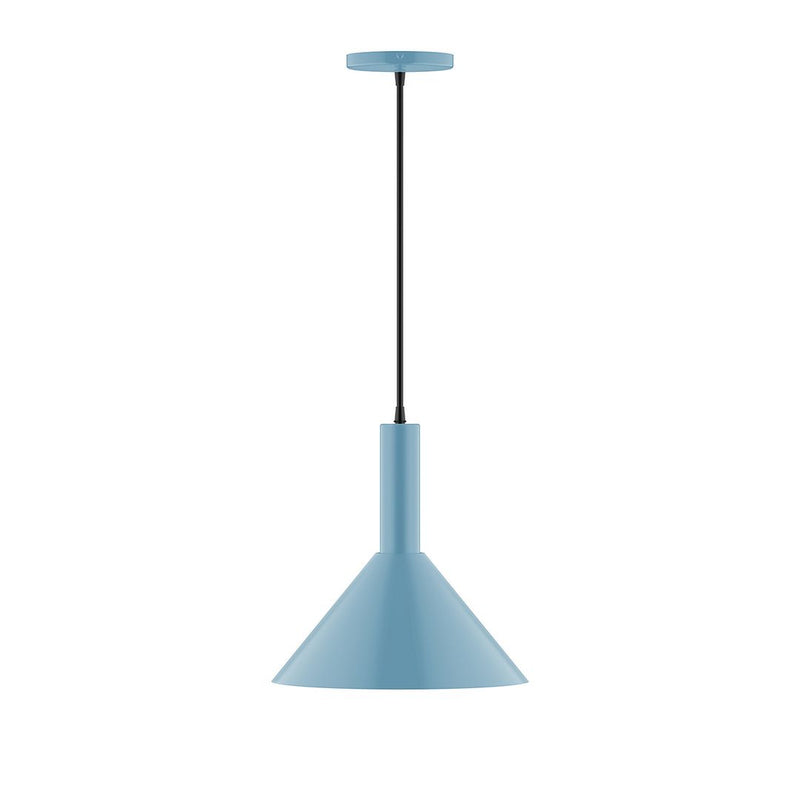 Light blue cone pendant light with black cord and round ceiling canopy.