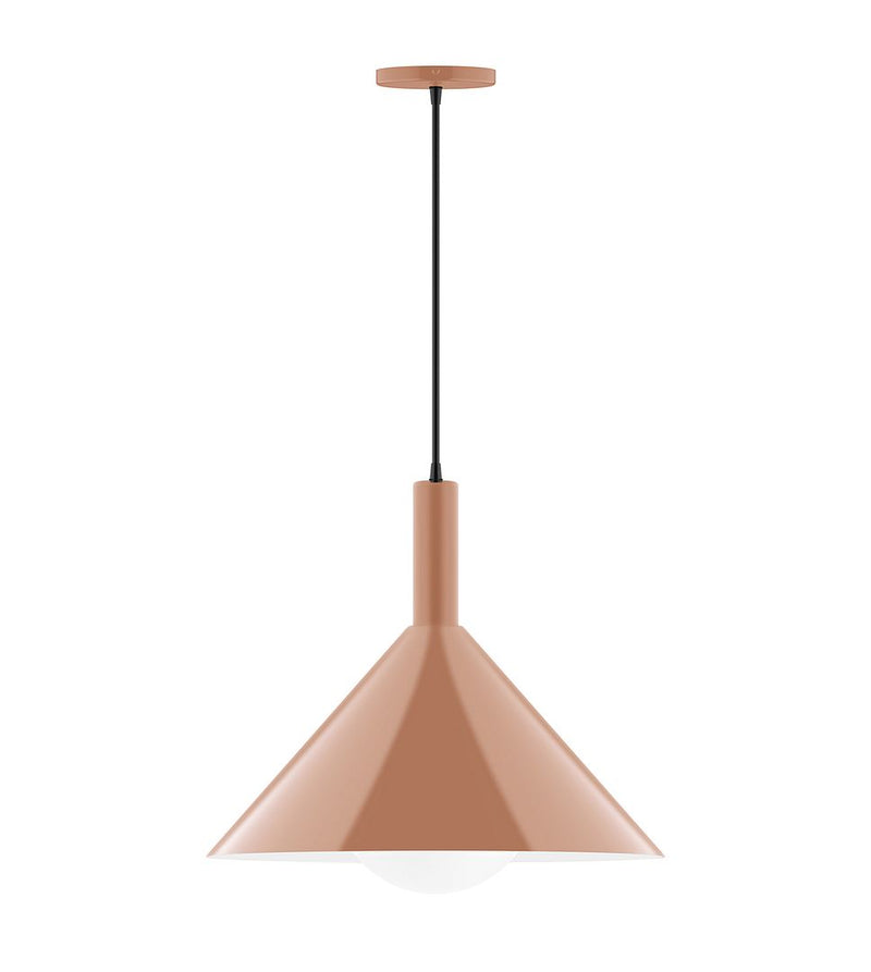 Terracotta pendant with tapered shade and glass globe, black hanging stem