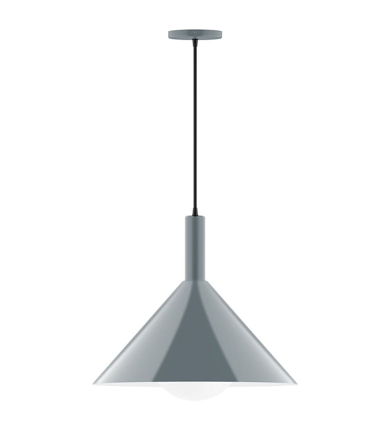 Slate gray pendant light with flared bell shade and white glass globe