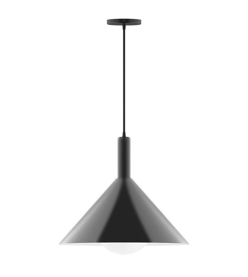 Black pendant light with tapered shade, hanging stem, and frosted glass globe