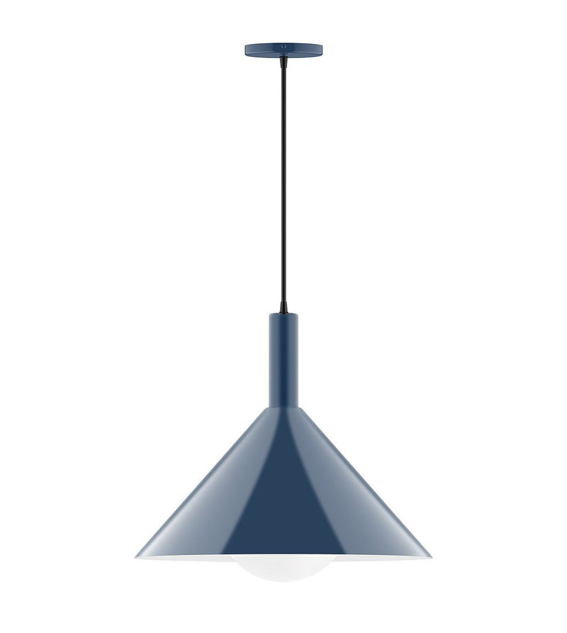 Navy pendant light with flared metal shade and frosted glass globe