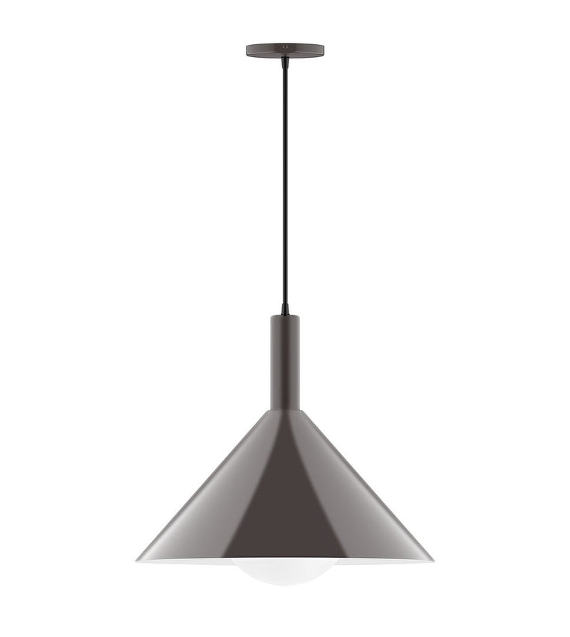 Architectural bronze pendant light with bell-shaped shade and round canopy