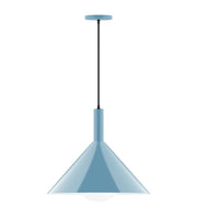 Light blue cone pendant with dark cord and round ceiling canopy