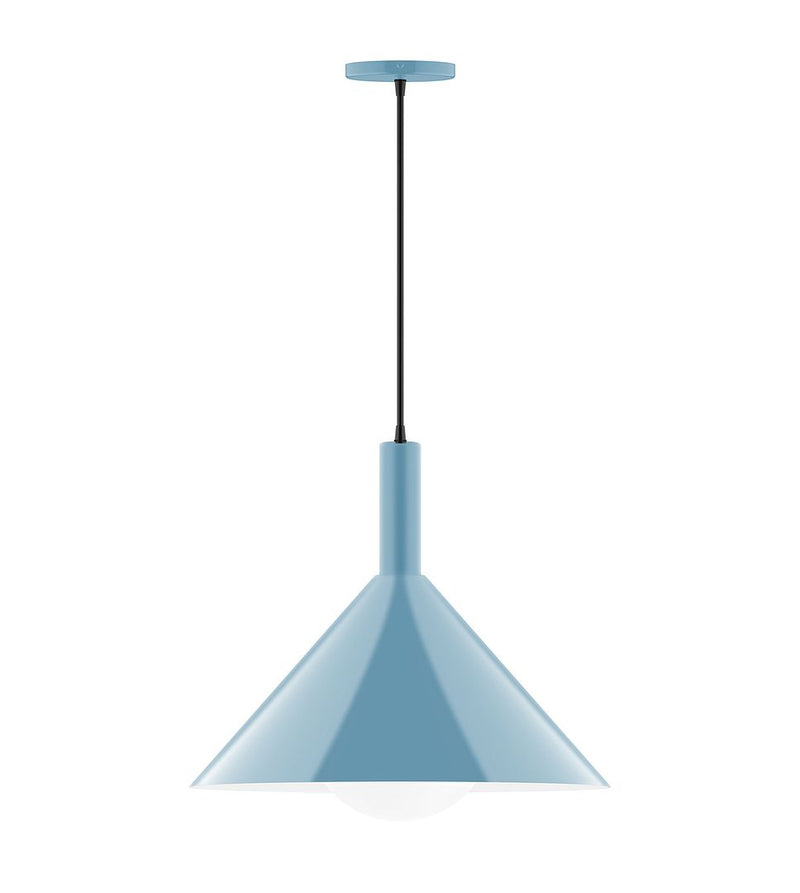 Light blue pendant light with conical shade, black stem, and blue canopy