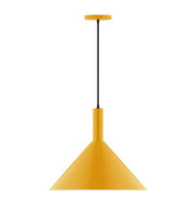 Bright yellow LED pendant light with bell shade and black cord, 18 in length