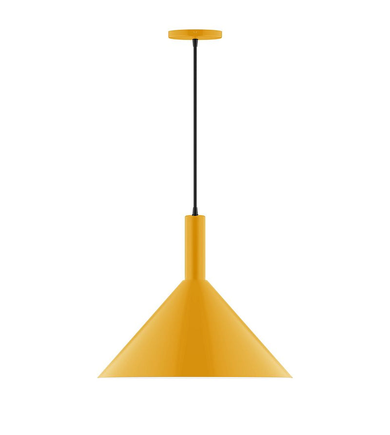 Bright yellow bell pendant light with black cord and metal stem