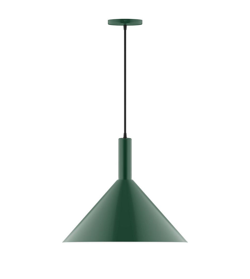 Forest green pendant lamp with bell-shaped shade and hanging stem, 18-inch size.
