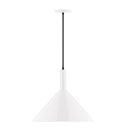 White pendant light with bell-shaped shade and black cord, 18-inch drop