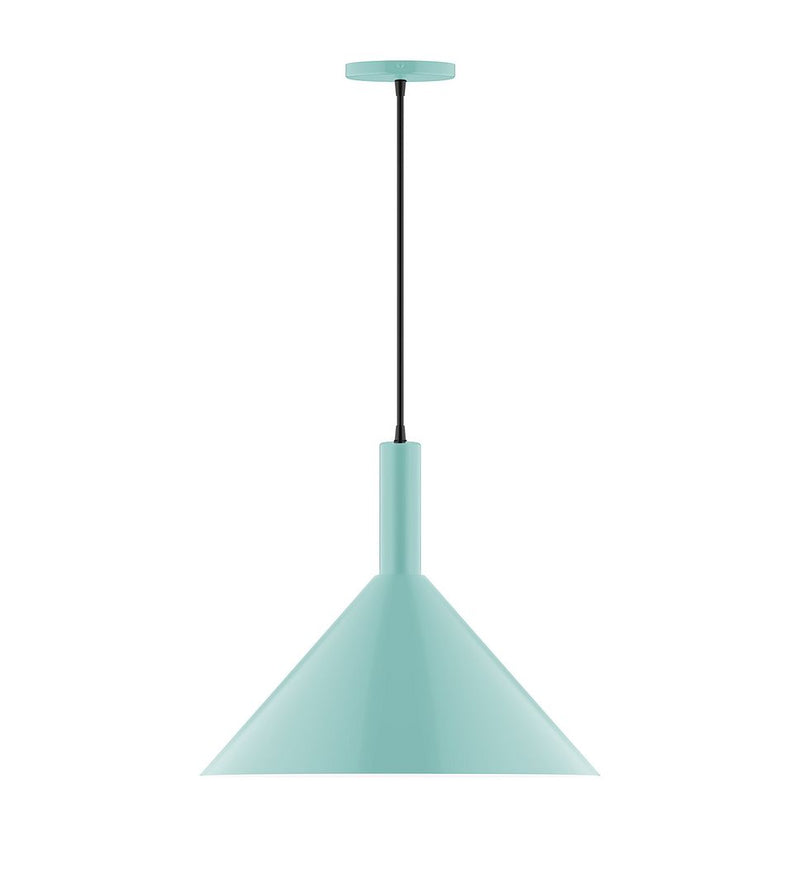 Sea green pendant light with bell shade and black cord, 18 in size