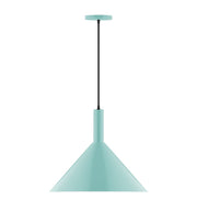 Sea green LED pendant with bell shade, black cord, and round ceiling canopy