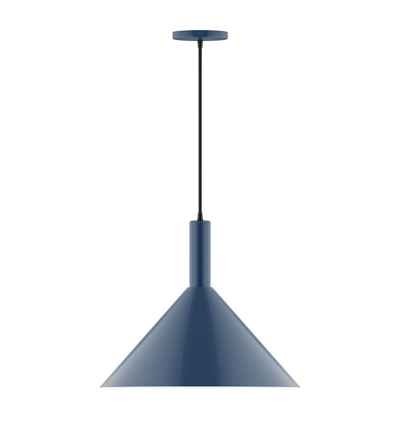 Navy dome pendant light with hanging stem and round ceiling canopy