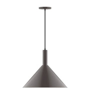 Bronze architectural pendant with flared shade and ceiling canopy