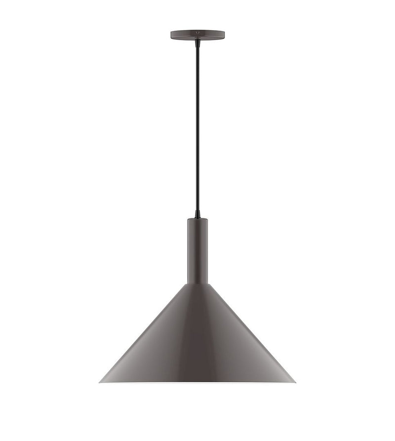 Architectural bronze pendant light with bell-shaped shade and straight stem