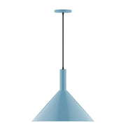 Light blue cone pendant with black cord and matching blue canopy