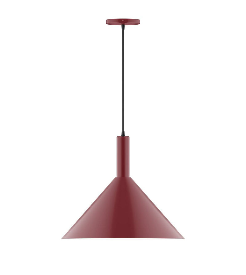 Barn red LED pendant lamp with bell-shaped shade and black cord, 18 in