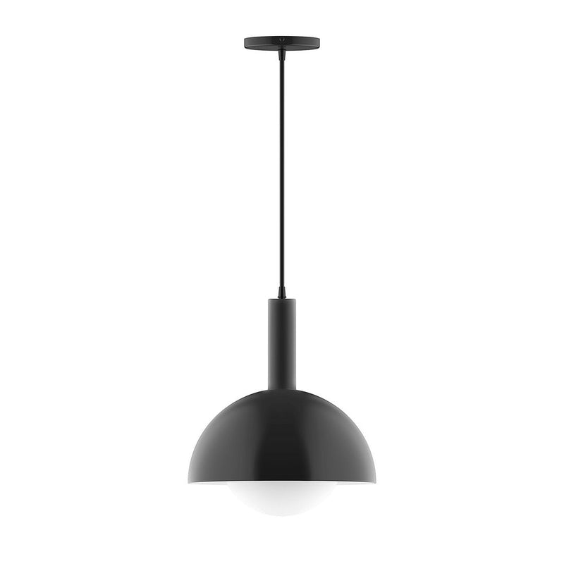 Black pendant light with domed hood and glass globe on a hanging rod