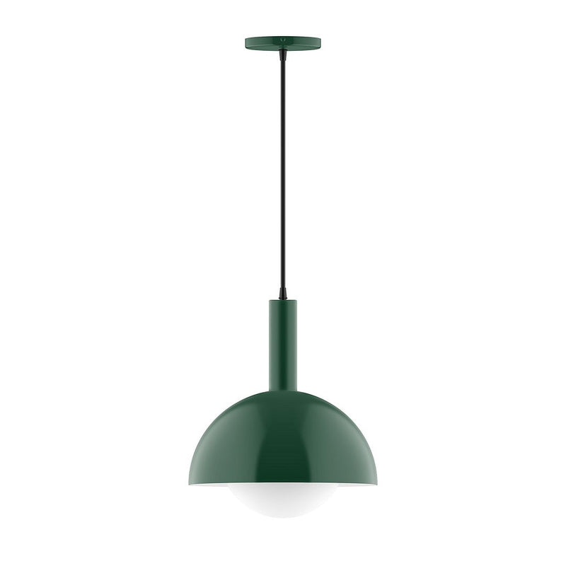 Forest green dome pendant light with glass globe shade and downrod