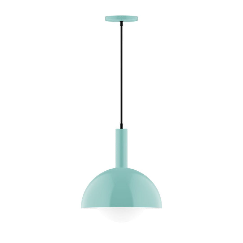 Sea green glass globe pendant with straight metal stem and ceiling canopy
