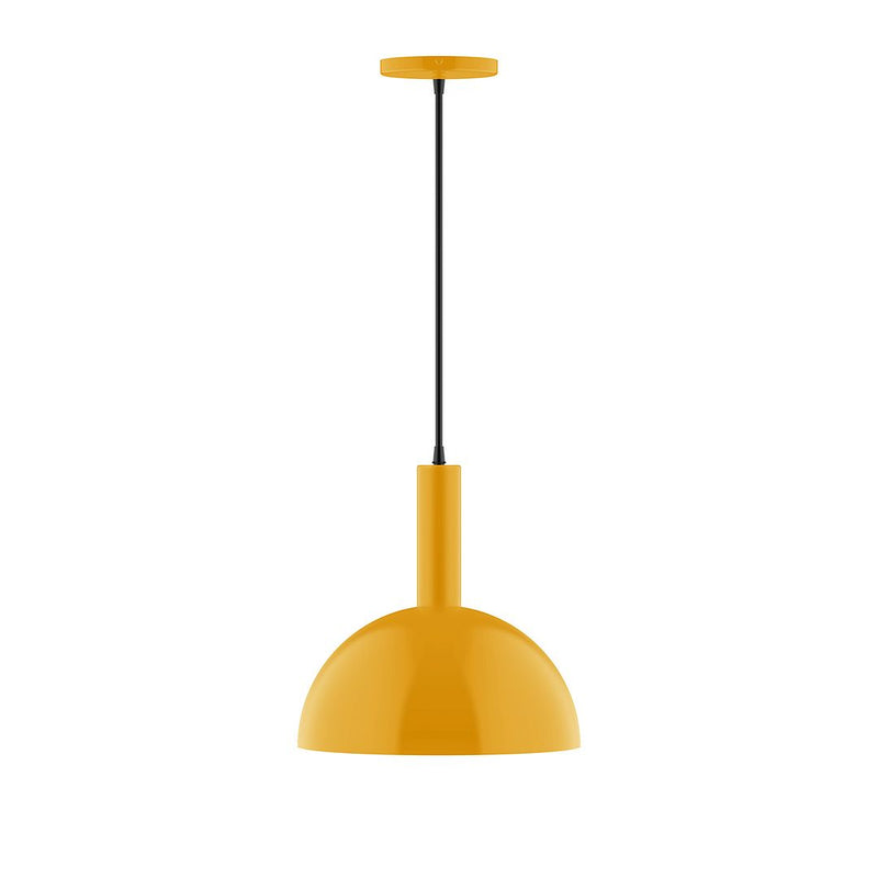 Bright yellow dome pendant light with black cord and ceiling canopy