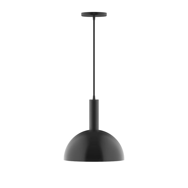 Black dome LED pendant light with long straight stem and round ceiling canopy.