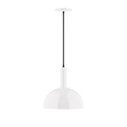 White dome pendant light with black cord and ceiling canopy
