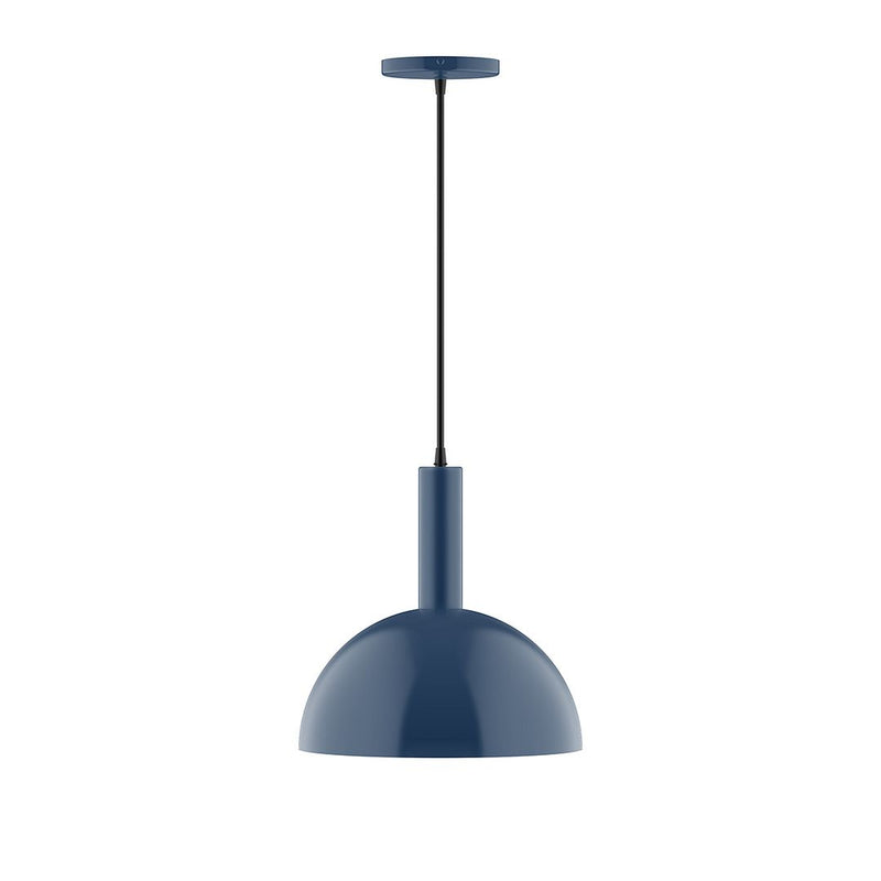 Navy LED pendant light with round dome shade and straight hanging stem