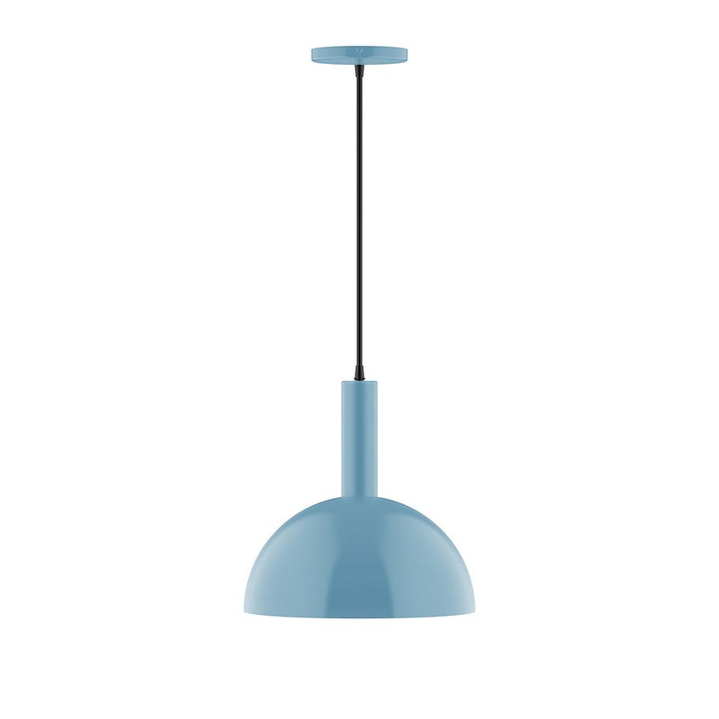 Light blue LED pendant light with dome shade and black cord